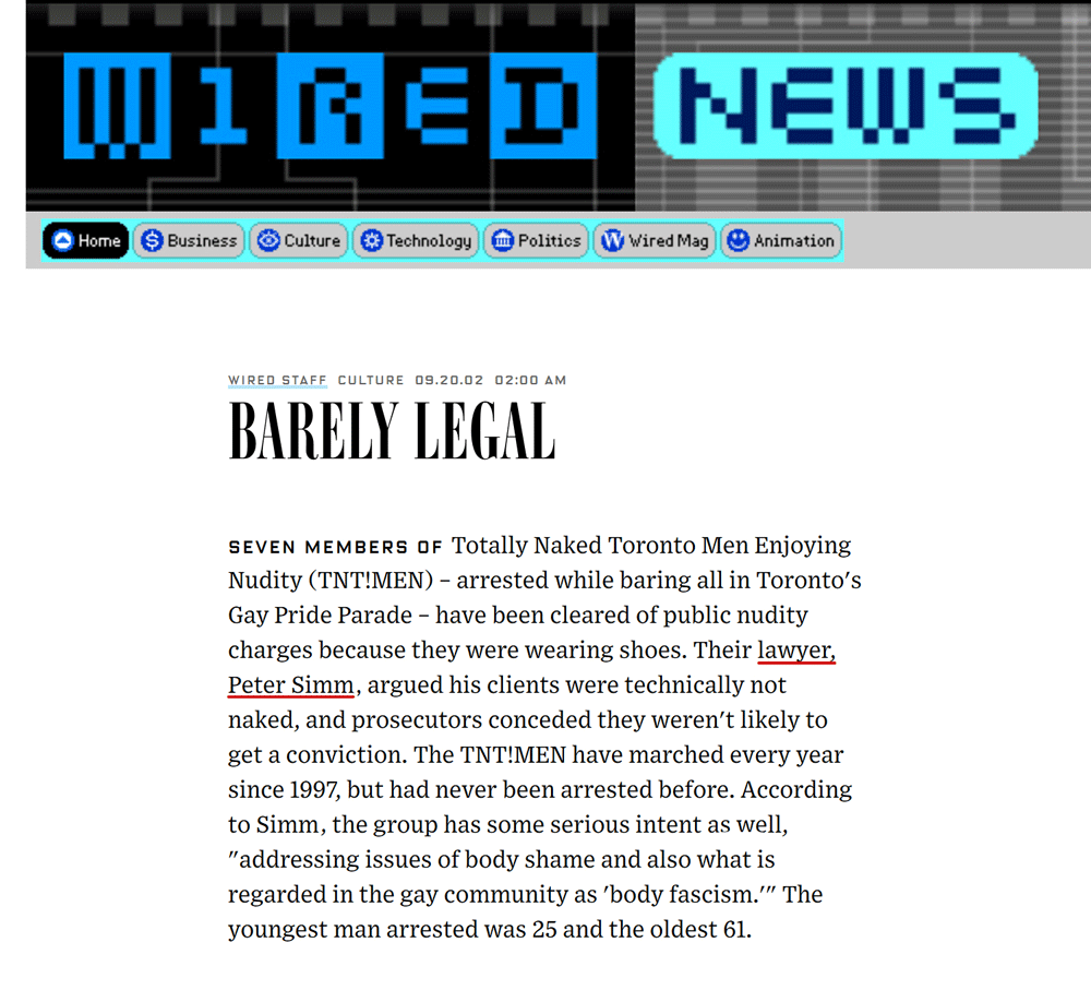 Wired News [Wired Magazine] 2002-09-20 - Simm convinces prosecutors to drop nudity charges against Pride marchers
